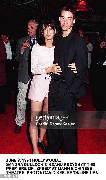June 7, 1994. Hollywood. Sandra Bullock & Keanu Reeves At The Premiere Of "Speed" At Mann's Chinese Theatre.