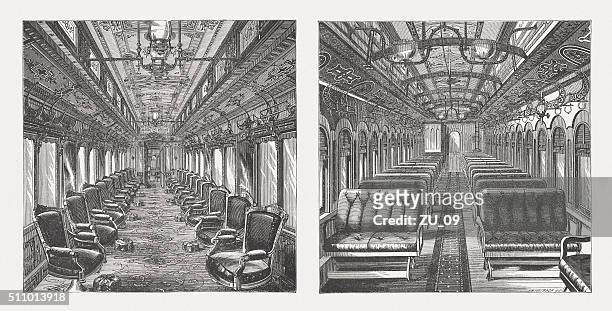 pullman cars, interior views, wood engravings, published in 1880 - orient express stock illustrations