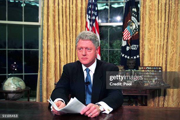 President Clinton In The Oval Office After His Television Address To The Nation On Nato Bombing Of Serb Forces In Kosovo, March 24, 1999 In...