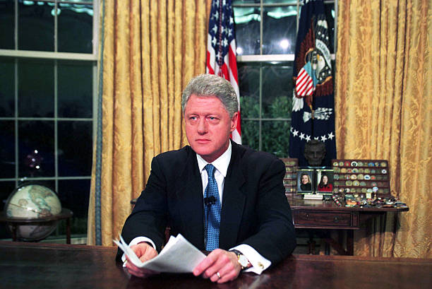 President Clinton In The Oval Office After His Television Address To The Nation On Nato Bombing Of Serb Forces In Kosovo, March 24, 1999 In...