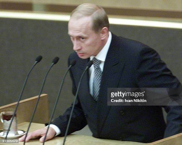Russian Prime Minister Vladimir Putin Gestures As He Addresses The State Duma Lower House Of Parliament August 16, 1999. Russia's...