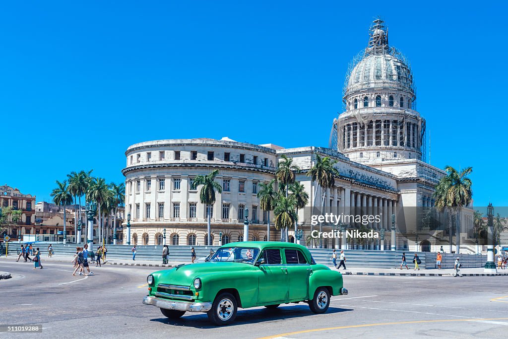 Old Green American car on Havana street