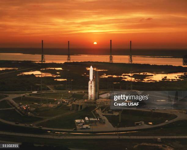 Titan Iv Waits On The Launch Pad At Cape Canaveral Air Station At Sunset . The Titan Iv Is A Heavy-Lift Space-Launch Vehicle Used To Carry Department...