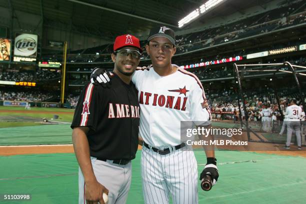 Francisco Rodriguez and Miguel Cabrera pose for a photo during batting practice before the CENTURY 21 Home Run Derby at Minute Maid Park on July 12,...