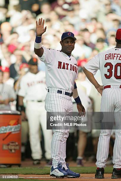 Sammy Sosa waves before the CENTURY 21 Home Run Derby at Minute Maid Park on July 12, 2004 in Houston, Texas.