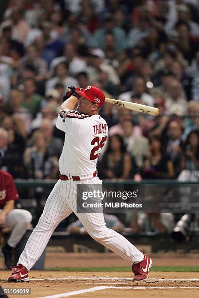 Jim Thome of the Philadelphia Phillies bats during the CENTURY 21 Home Run Derby at Minute Maid Park on July 12, 2004 in Houston, Texas.