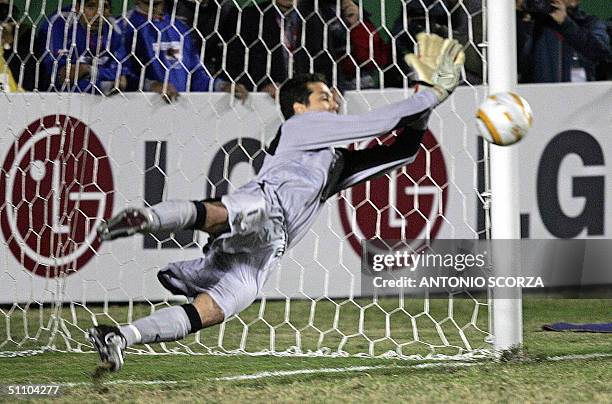 Julio Cesar goalkeeper of the Brazilian National team stops the fitfh penalty kick at the end of the Copa America's semifinal soccer match against...