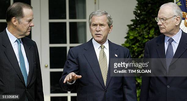 President George W. Bush makes a few remarks after meeting with the chairman Thomas Kean and the vice chairman Lee Hamilton of the Independent...