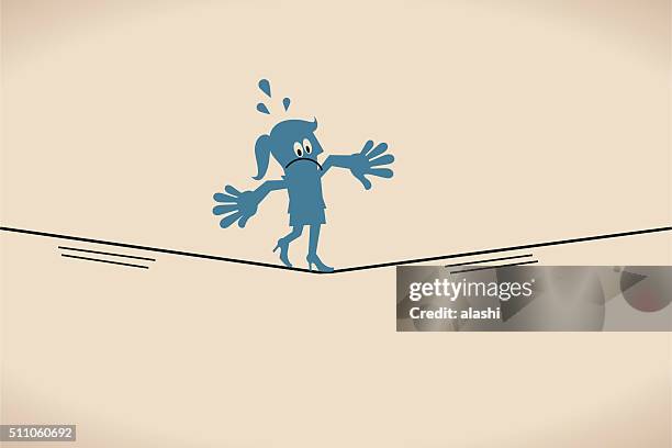 stockillustraties, clipart, cartoons en iconen met businesswoman keeping her balance walking on tightrope - balancing act