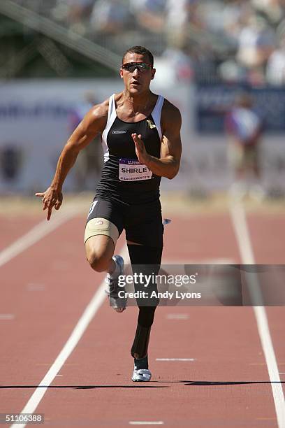 Marlon Shirley competes in the Men's Paralympics 100 Meter Dash during the U.S. Olympic Team Track & Field Trials on July 17, 2004 at the Alex G....