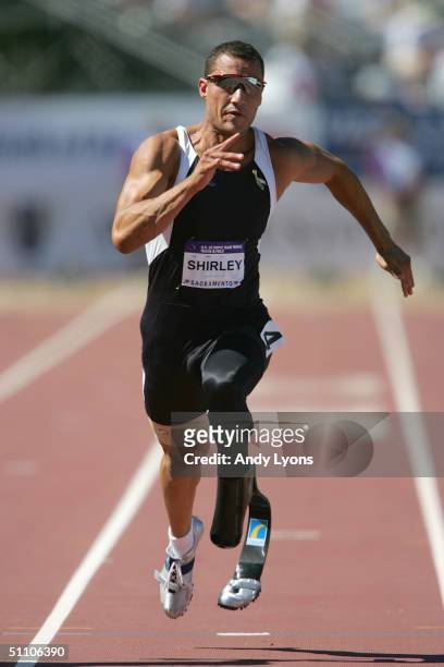 Marlon Shirley competes in the Men's Paralympics 100 Meter Dash during the U.S. Olympic Team Track & Field Trials on July 17, 2004 at the Alex G....