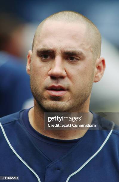 Travis Hafner of the Cleveland Indians looks on during a game against the Atlanta Braves on April 17, 2004 at Turner Field in Atlanta, Georgia. The...