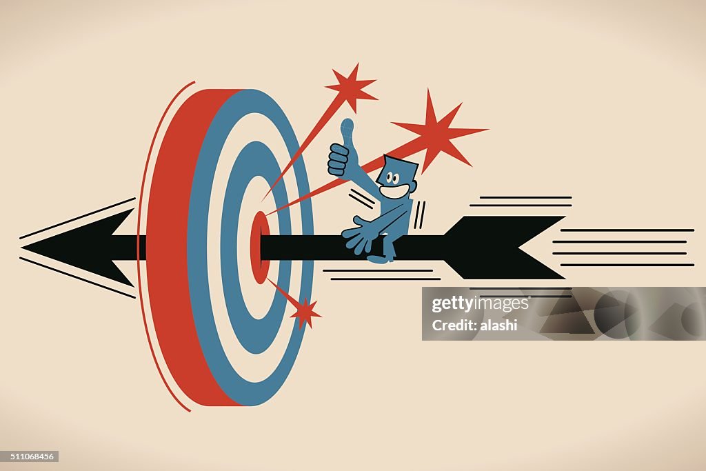 Businessman riding flying archery, shooting on Bull's-Eye of archery target