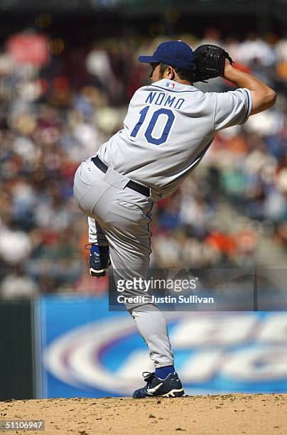 Hideo Nomo of the Los Angeles Dodgers pitches during the game against the San Francisco Giants on June 24, 2004 at SBC Park in San Francisco,...