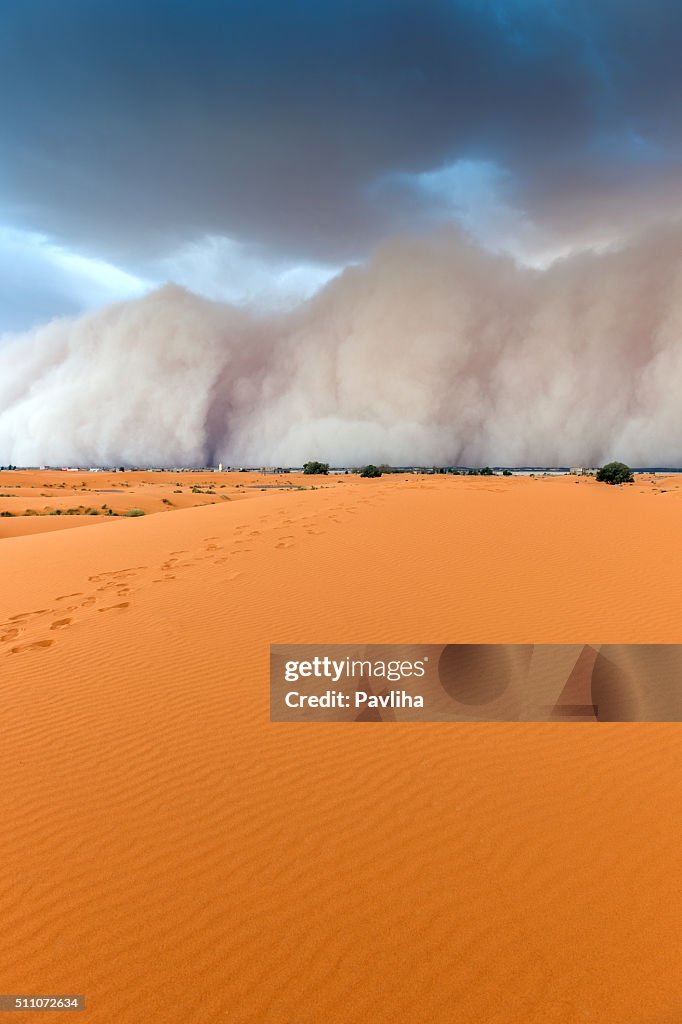 Sandstorm Approaching Merzouga Settlement,in Erg Chebbi Desert Morocco,Africa