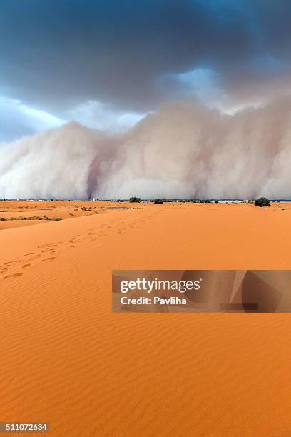 sandstorm approaching merzouga settlement,in erg chebbi desert morocco,africa - sand storm stock pictures, royalty-free photos & images