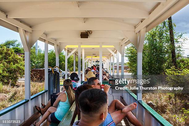 Passengers Enjoying a History Informative Train Ride in an Open Car on The Hawaiian Railroad Society Train Trip up the West Side of Hawaii on the...