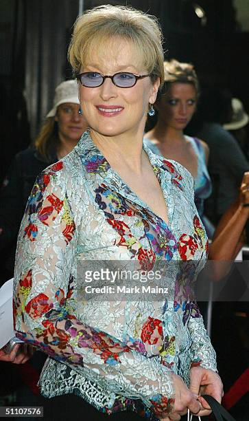 Actress Meryl Streep attends the premiere of "The Manchurian Candidate" on July 22, 2004 at the Samuel Goldwyn Theatre, in Los Angeles, California.