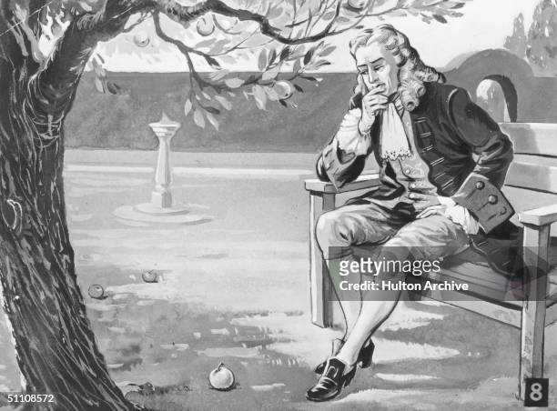 English mathematician and physicist Sir Isaac Newton contemplates the force of gravity, as the famous story goes, on seeing an apple fall in his...