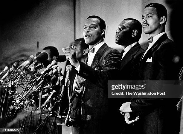 Nation of Islam leader Louis Farrakhan holds his first news conference in 12 years at the JW Marriott in Washington, DC on April 11, 1984.