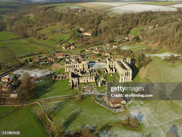rievaulx abbey in winter aerial photograph 2 - rievaulx abbey stock pictures, royalty-free photos & images