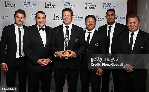 All Blacks win Team of the Year from left Beauden Barrett, coach Steve Hansen, Richie McCaw, Keven Mealamu, Jerome Kaino and Ian Foster during the...