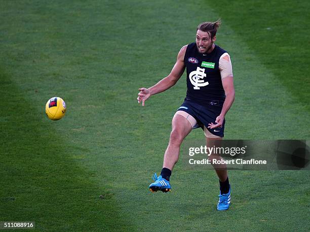 Dale Thomas of the Blues kicks the ball during the 2016 AFL NAB Challenge match between the Hawthorn Hawks and the Carlton Blues at Aurora Stadium on...