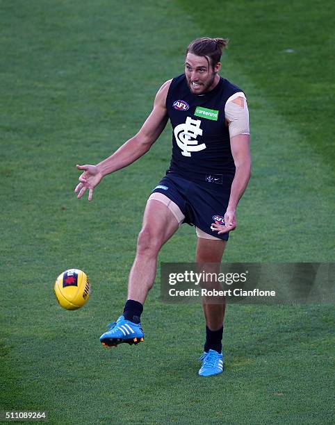 Dale Thomas of the Blues kicks the ball during the 2016 AFL NAB Challenge match between the Hawthorn Hawks and the Carlton Blues at Aurora Stadium on...