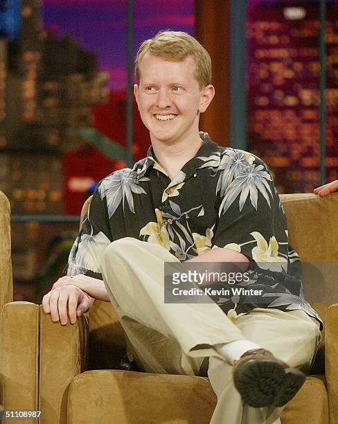 Jeopardy" winner Ken Jennings appears on "The Tonight Show with Jay Leno" at the NBC Studios on July 22, 2004 in Burbank, California.