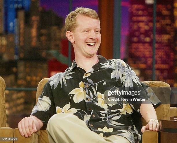 Jeopardy" winner Ken Jennings appears on "The Tonight Show with Jay Leno" at the NBC Studios on July 22, 2004 in Burbank, California.