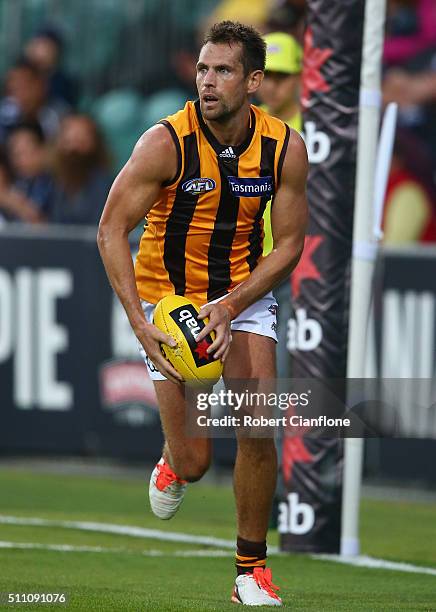 Luke Hodge of the Hawks runs with the ball during the 2016 AFL NAB Challenge match between the Hawthorn Hawks and the Carlton Blues at Aurora Stadium...