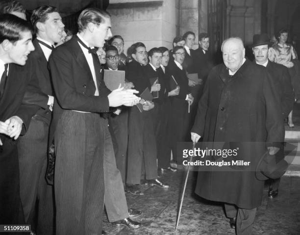 Winston Churchill attends an annual sing-song at Harrow School, of which he is an Old Boy, 27th November 1958.