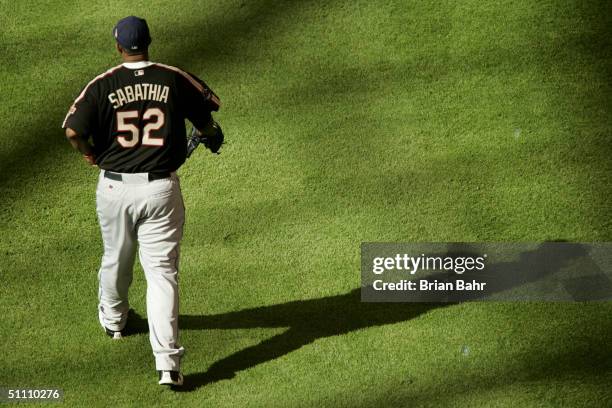 American League All-Star C.C. Sabathia of the Cleveland Indians walks on the field before the Major League Baseball 2004 Century 21 Home Run Derby at...