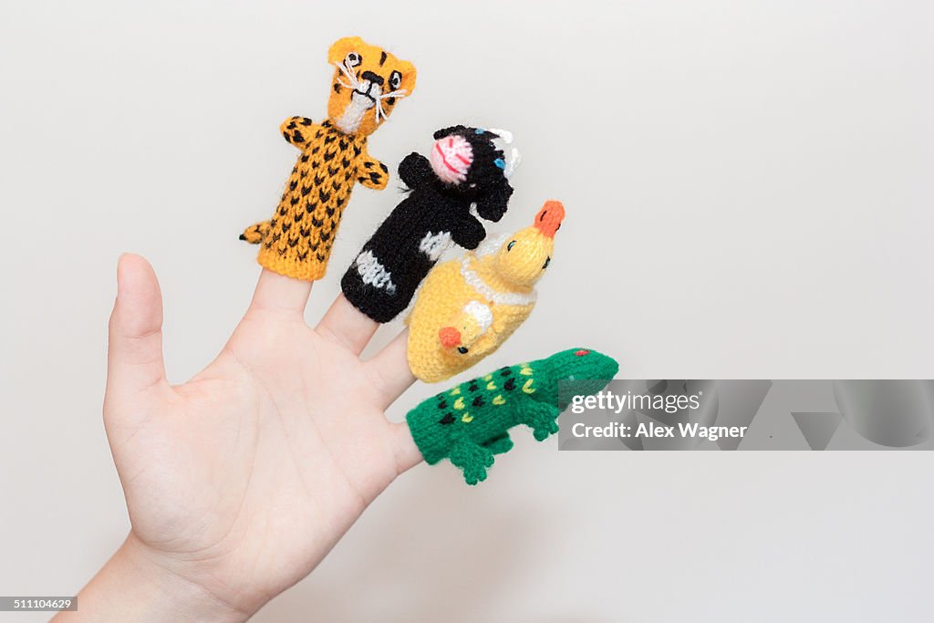 Finger puppets on a hand