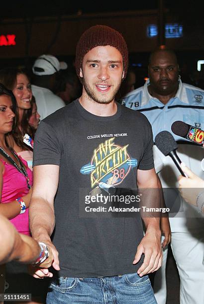 Singer Justin Timberlake attends the 6th annual N'SYNC's Challenge for the Children Celebrity scavenger hunt finale on July 23, 2004 at club Mansion,...