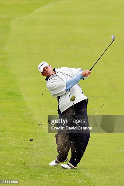 Dana Quigley of the USA plays his second to the 1st hole during the third round of the Senior British Open on the Dunluce Course at Royal Portrush...