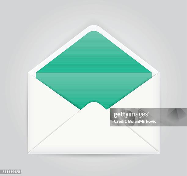 green white opened envelope isolated on grey background - postcard layout design stock illustrations