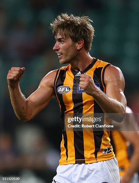 Ryan Schoenmakers of the Hawks celebrates after scoring a goal during the 2016 AFL NAB Challenge match between the Hawthorn Hawks and the Carlton...