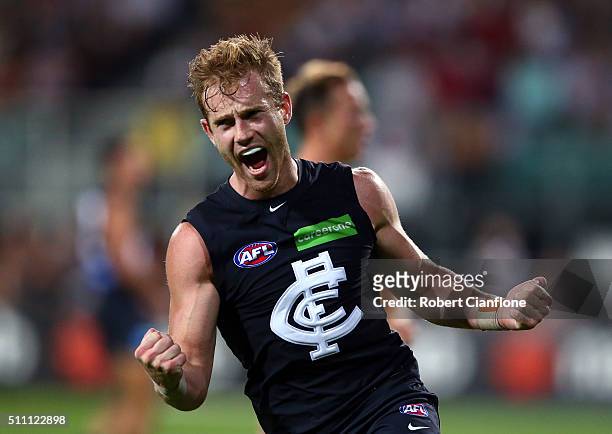 Nick Graham of the Blues celebrates after scoring a goal during the 2016 AFL NAB Challenge match between the Hawthorn Hawks and the Carlton Blues at...