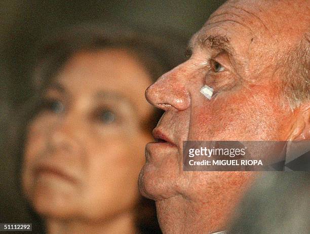Spain's Queen Sofia and King Juan Carlos visit an exhibition of rare liturgical treasures at the Galician Museum, in Santiago de Compostela,...