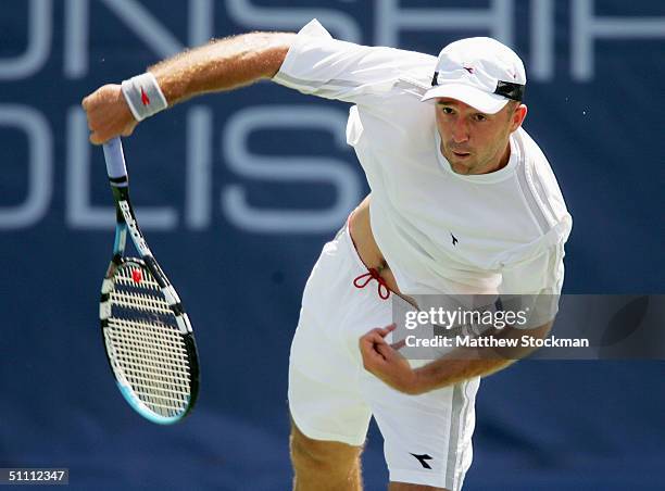 Ivan Ljubicic of Croatia serves to Andy Roddick during the semifinals of the RCA Championships July 24, 2004 at the Indianapolis Tennis Center in...