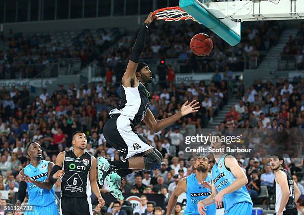 Hakim Warrick of Melbourne United dunks the ball during the NBL Semi Final match between Melbourne United and the New Zealand Breakers at Hisense...