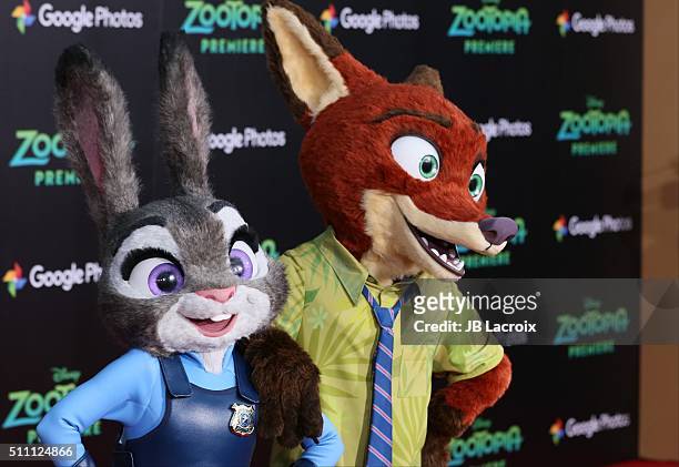 Zootopia characters attend the premiere of Walt Disney Animation Studios' 'Zootopia' held at the El Capitan Theatre on February 17, 2016 in...