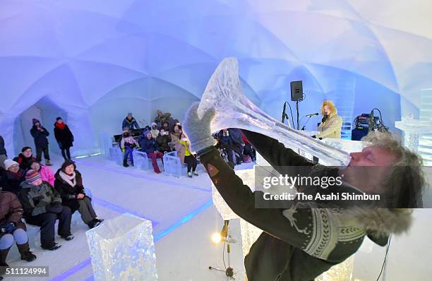 Norwegian musican Terje Isungset performs the Icehorn, music instrument made of ice during the 'Concert of Ice' at the Hoshino Resort Tomamu on...