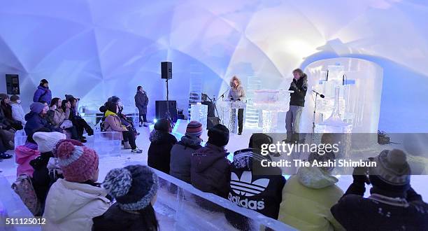 Norwegian musican Terje Isungset performs Iceophone, music instrument made of ice during the 'Concert of Ice' at the Hoshino Resort Tomamu on...