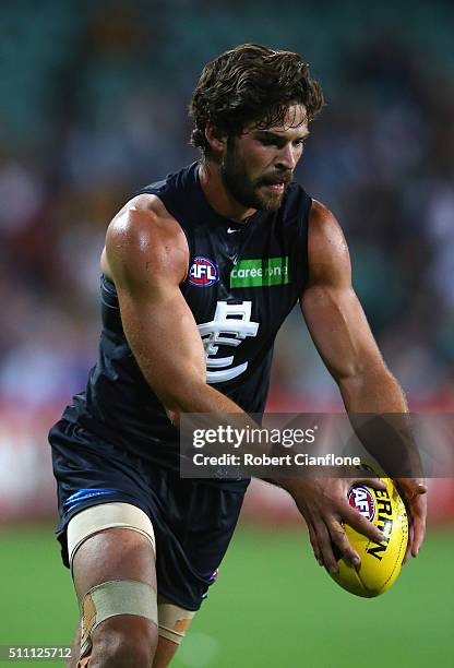 Levi Casboult of the Blues controls the ball during the 2016 AFL NAB Challenge match between the Hawthorn Hawks and the Carlton Blues at Aurora...