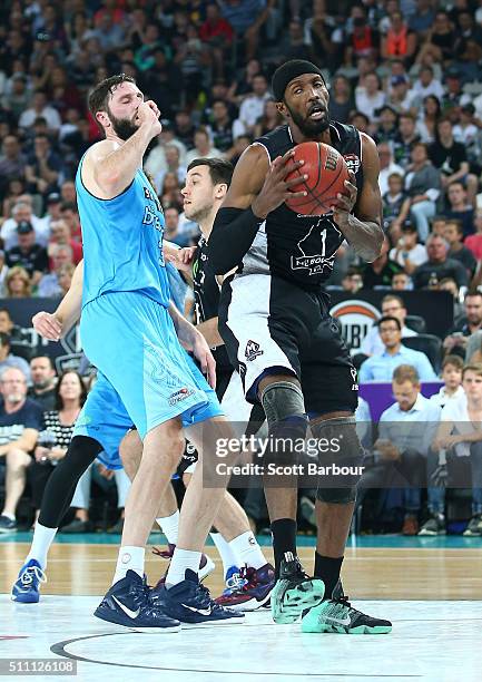 Hakim Warrick of Melbourne United controls the ball during the NBL Semi Final match between Melbourne United and the New Zealand Breakers at Hisense...