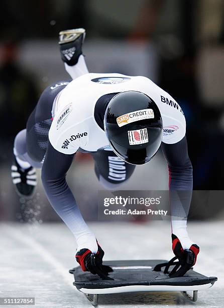 Tomass Dukurs of Latvia completes his second run of the Men's Skeleton during Day 4 of the IBSF World Championships 2016 at Olympiabobbahn Igls on...