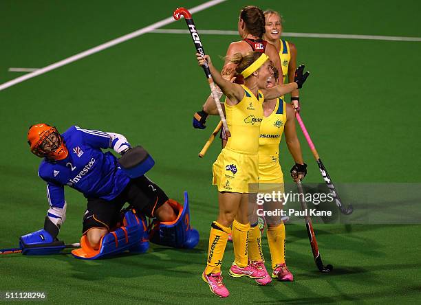 Emily Smith of Australia celebrates after scoring a goal during the International Test match between the Australia Hockeyroos and Great Britain at...