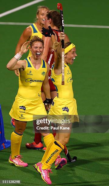 Emily Smith of Australia celebrates after scoring a goal during the International Test match between the Australia Hockeyroos and Great Britain at...